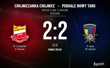 [PIŁKA NOŻNA] Chojniczanka Chojnice – Podhale Nowy Targ 2:2 w Betclic 2. lidze. Sobczak uratował punkt dla gości