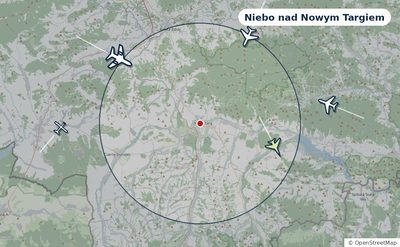Mapa okolic miasta z sylwetkami samolotów — Niebo nad Nowym Targiem na żywo