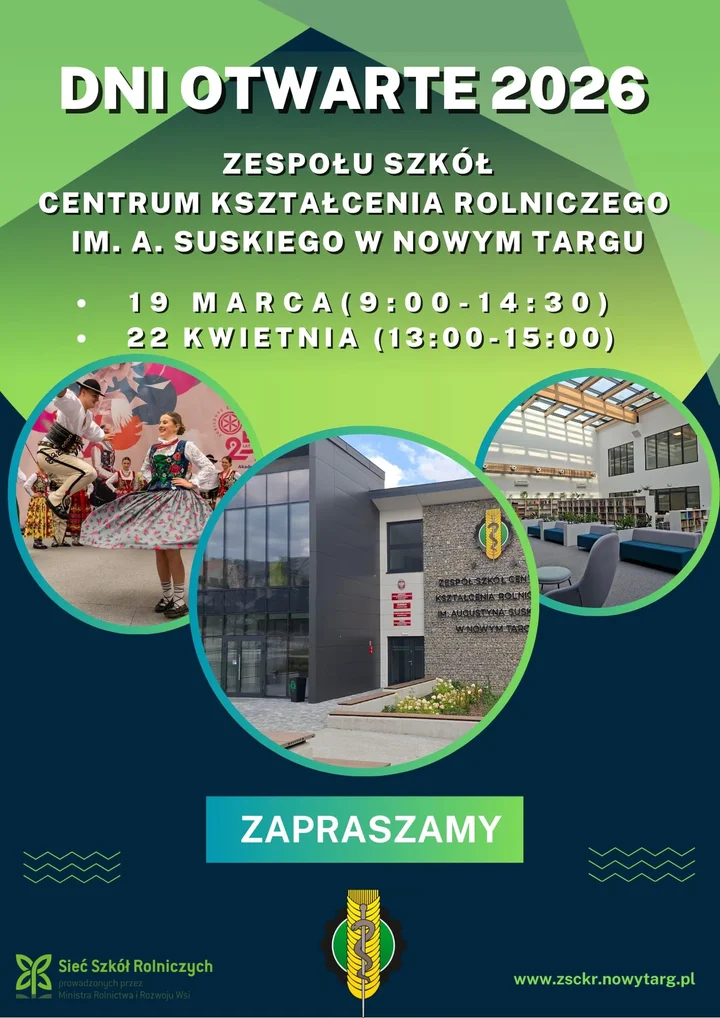 Grafika promocyjna wydarzenia Dni Otwarte ZSCKR Nowy Targ — zwiedzanie pracowni i próby praktyczne