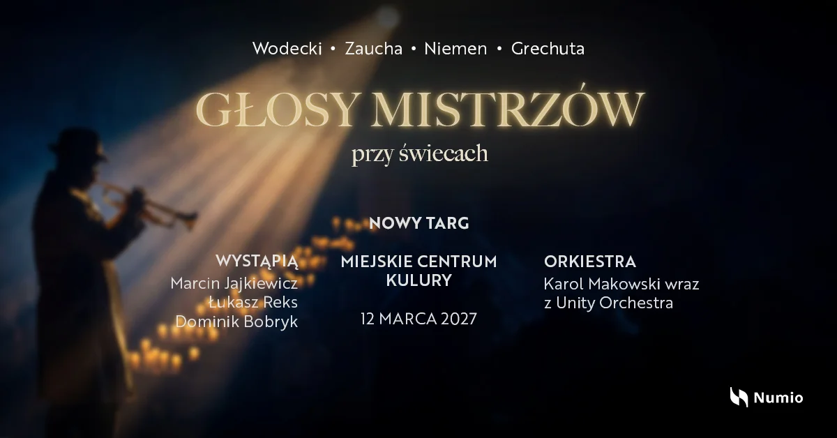 Grafika promocyjna wydarzenia Głosy Mistrzów przy świecach w Nowym Targu
