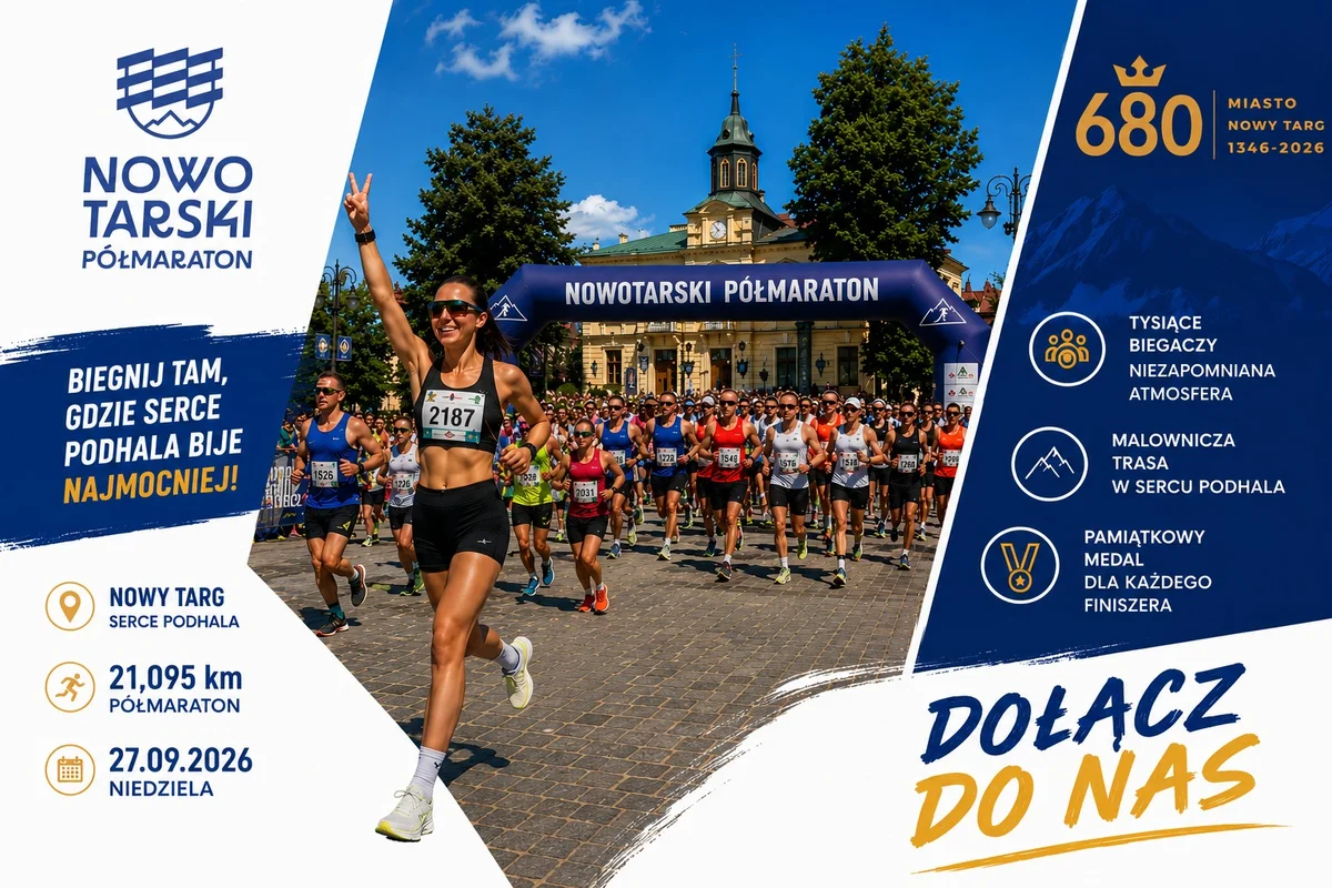Grafika promocyjna wydarzenia Nowotarski Półmaraton 2026 – bieg nad Dunajcem