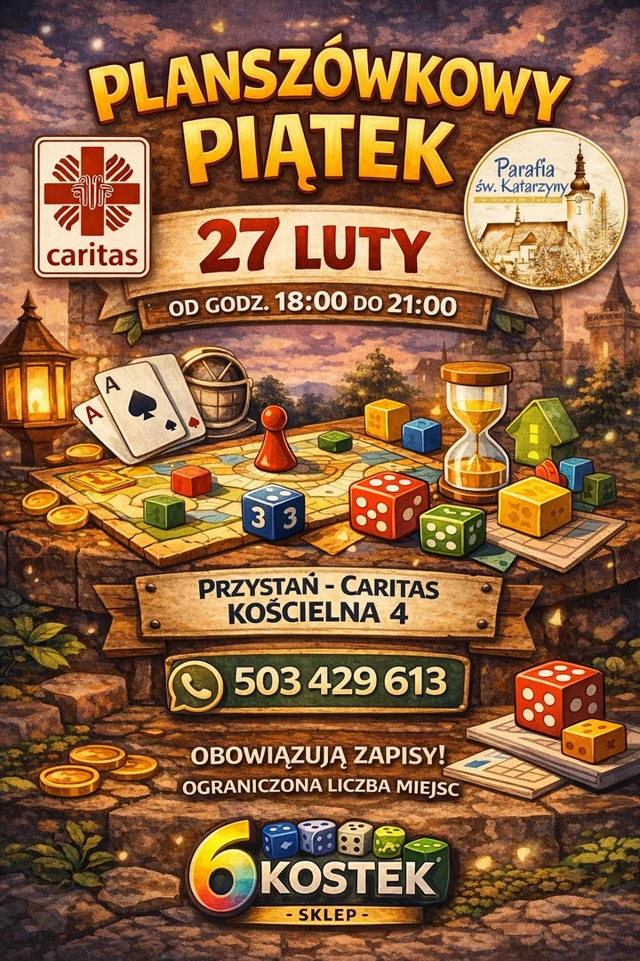 Grafika promocyjna wydarzenia Planszówkowy Piątek w Przystani Caritas — gry przy jednym stole dla każdego
