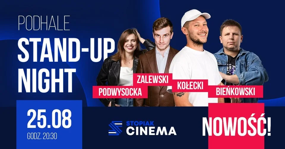 Grafika promocyjna wydarzenia Podhale Stand-Up Night w Nowym Targu. Wieczór z mocnym stand-upem i dużą dawką śmiechu