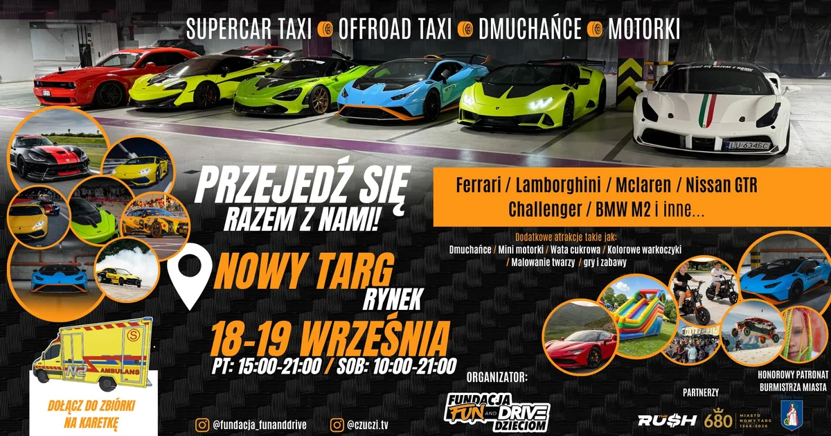 Grafika promocyjna wydarzenia Przejedź się Ferrari, Lamborghini, McLaren, GTR, Challenger, BMW – Nowy Targ