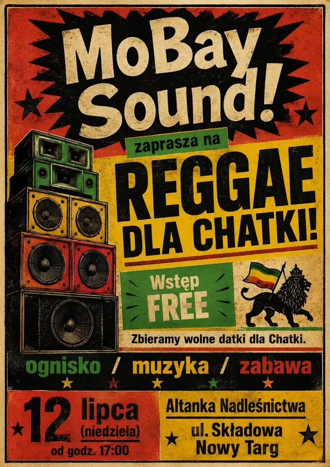 Grafika promocyjna wydarzenia Reggae dla Chatki w Nowym Targu – piknik przy soundsystemie, ognisku i winylach