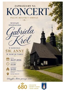 Grafika promocyjna wydarzenia Koncert Gabrieli Król i Msza Święta z błogosławieństwem dzieci w Nowym Targu