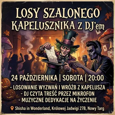 Grafika promocyjna wydarzenia Losy Szalonego Kapelusznika w Nowym Targu