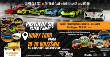 Grafika promocyjna wydarzenia Przejedź się Ferrari, Lamborghini, McLaren, GTR, Challenger, BMW – Nowy Targ