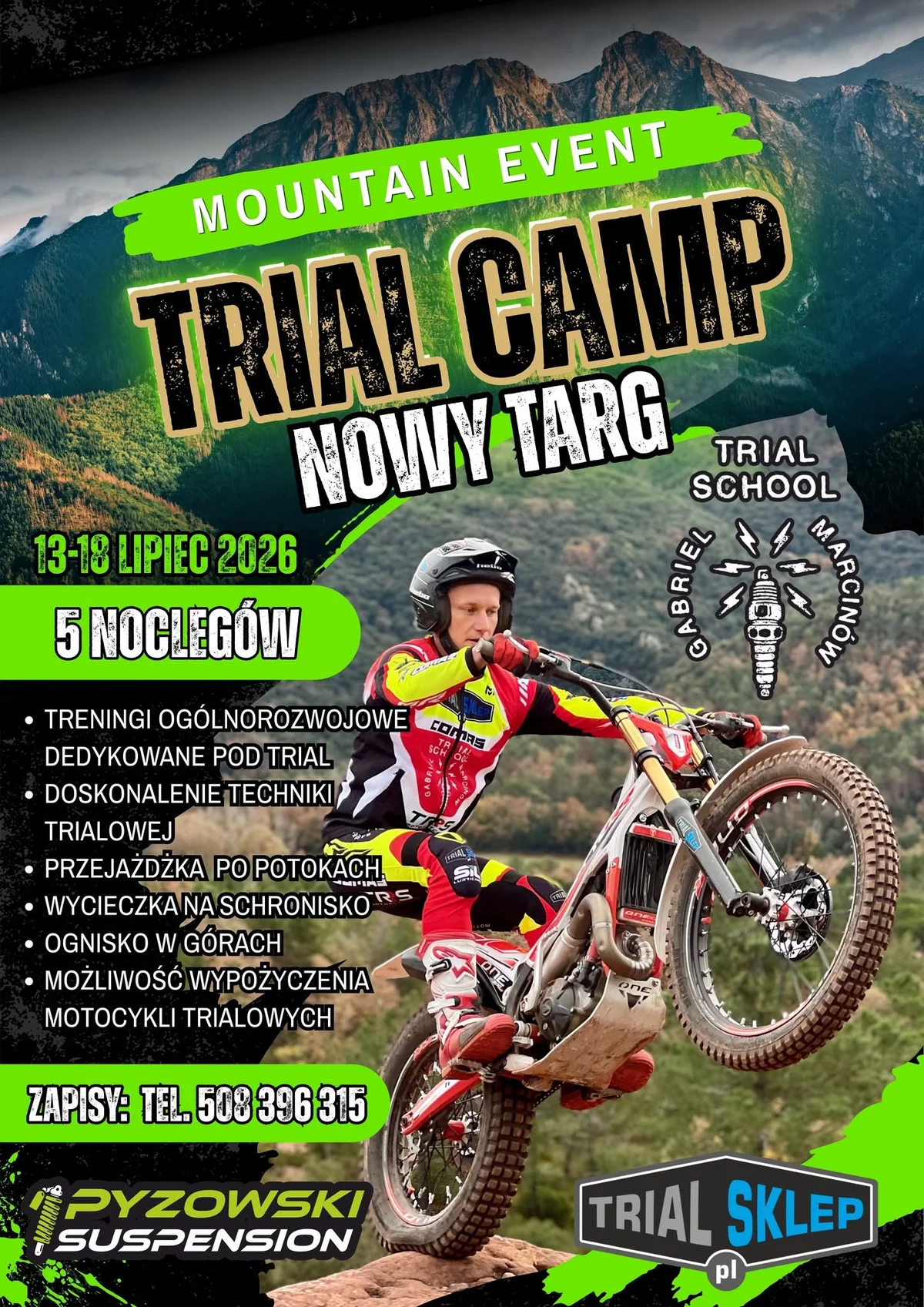 Grafika promocyjna wydarzenia Trial Camp Nowy Targ – obóz trialowy w Gorcach