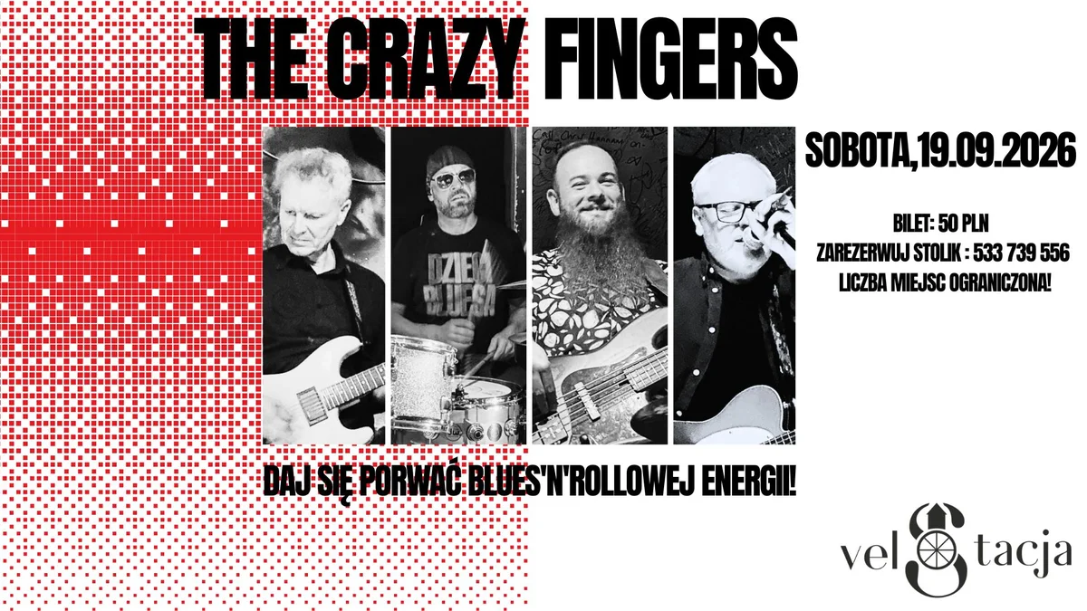 Grafika promocyjna wydarzenia Velo Live - The Crazy Fingers koncert bluesowy
