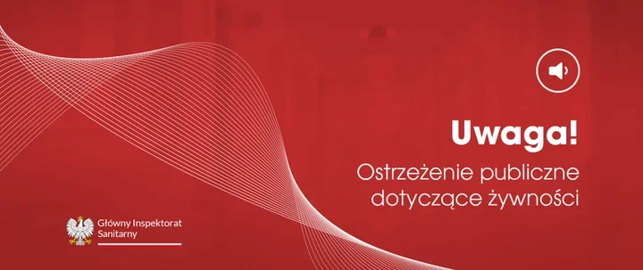 Graficzne ostrzeżenie Głównego Inspektoratu Sanitarnego na czerwonym tle z białymi falistymi liniami i ikoną głośnika.